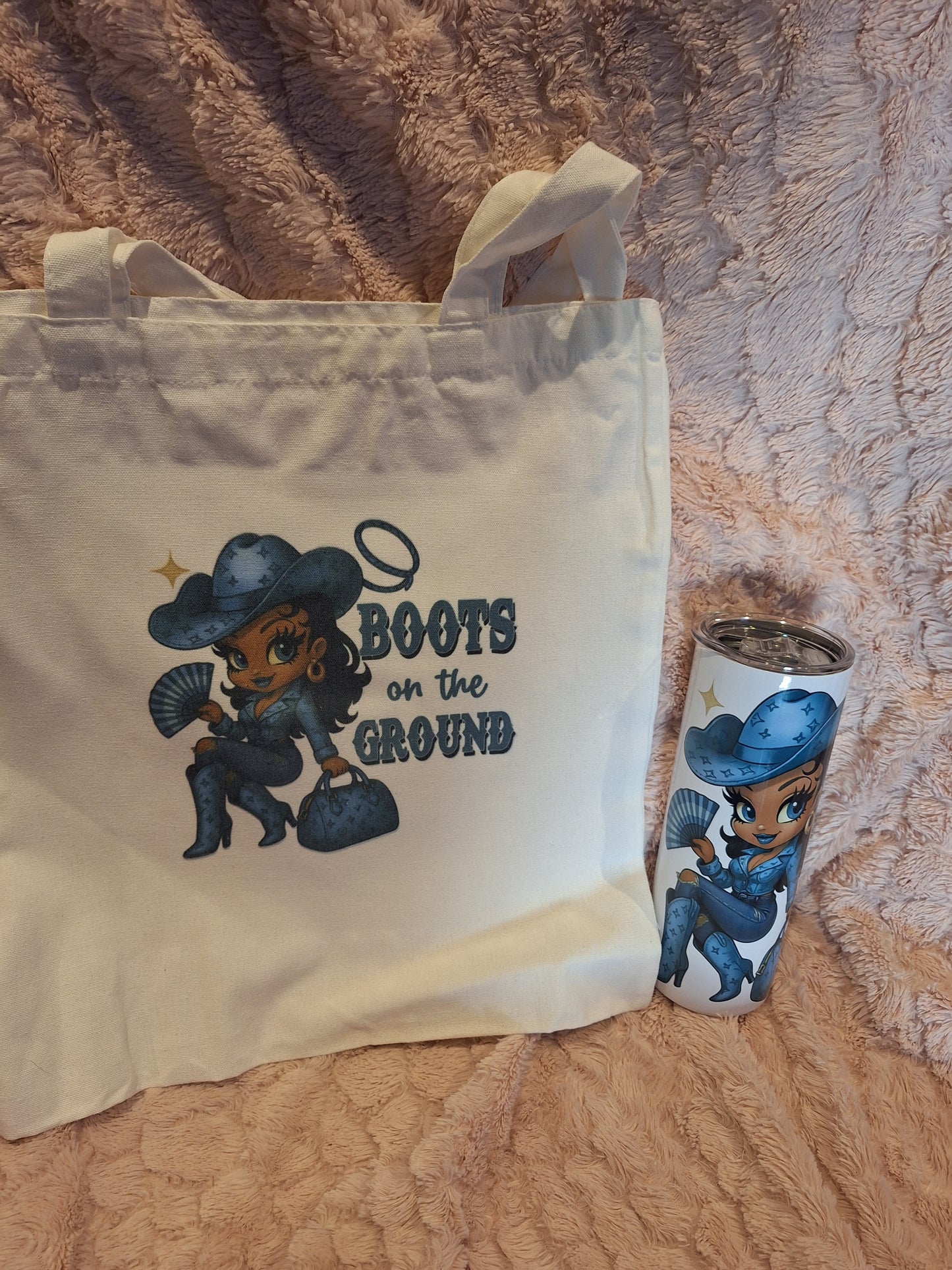 Luxury Betty dressed in blue with her boots on the ground tumbler with matching canvas bag