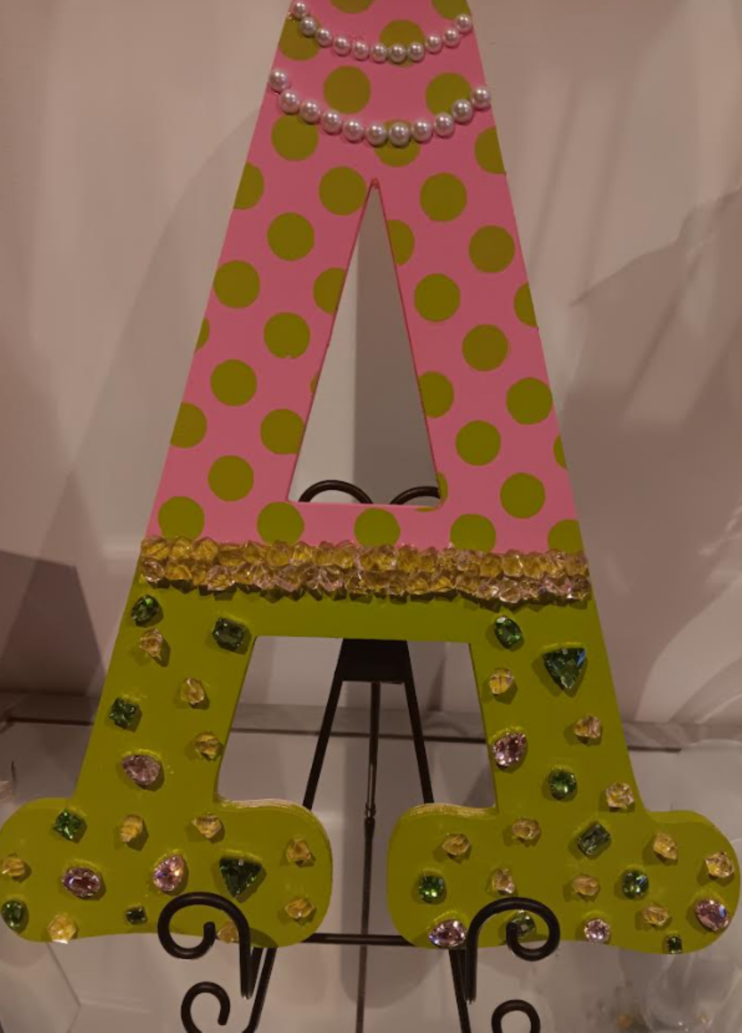Personality Letter "A" – 18" Handcrafted Decor in Pink & Green with Crystals and Pearls (Easel Not Included)