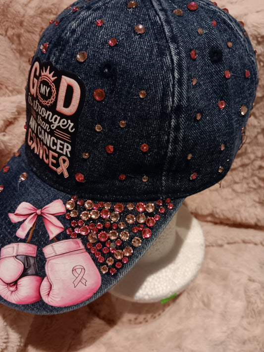 'My God is Stronger Than Any Cancer" blue denim junk hat