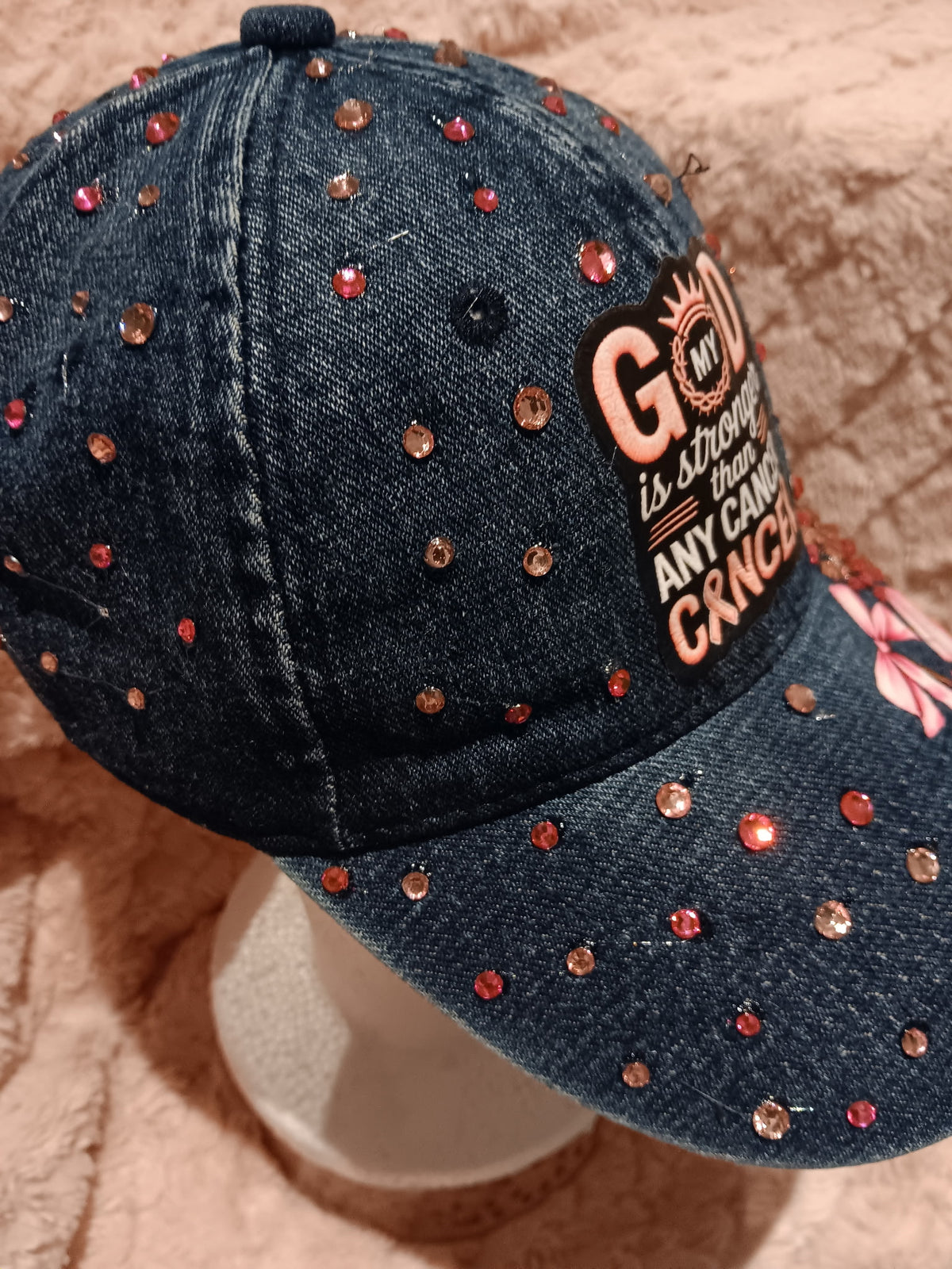 'My God is Stronger Than Any Cancer" blue denim junk hat