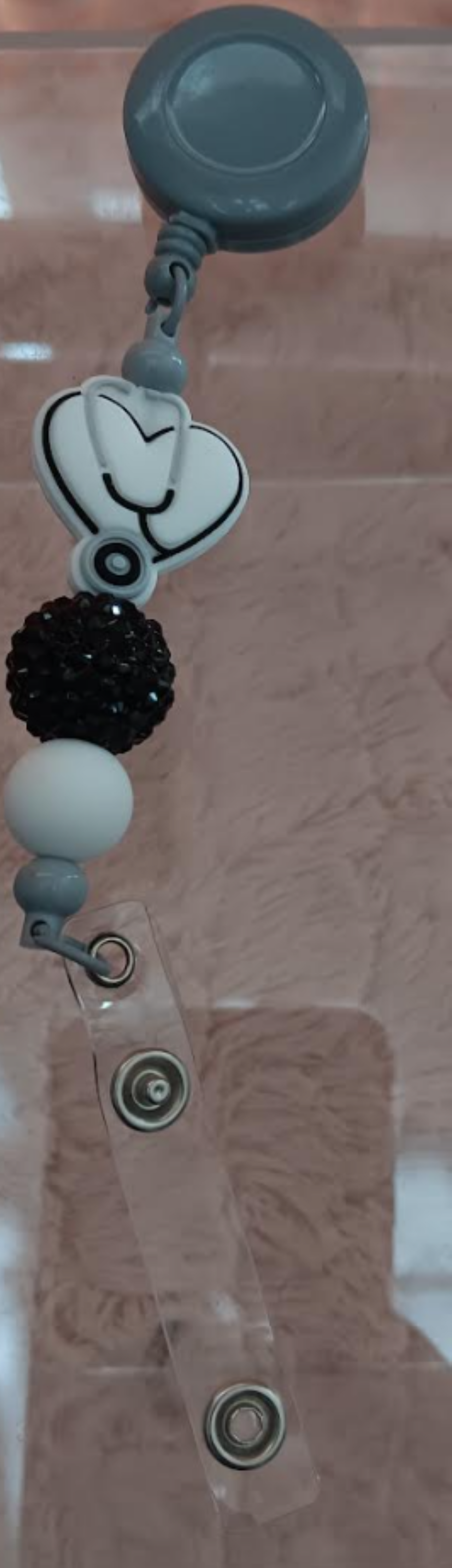 🖤 Medical Collection – White & Black Heart with Stethoscope ID Retractor