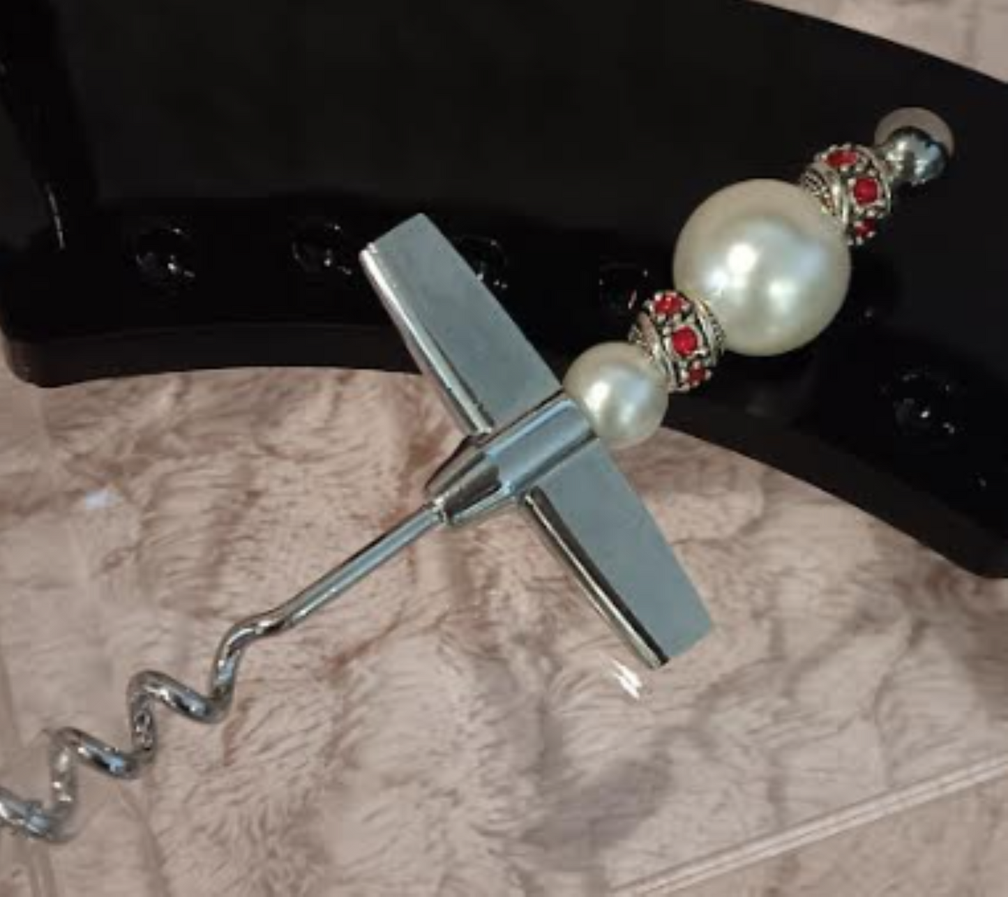 Pearl Cork Remover with Red & Silver Beads!