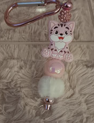 Pink & White Kitty Beaded Keychain