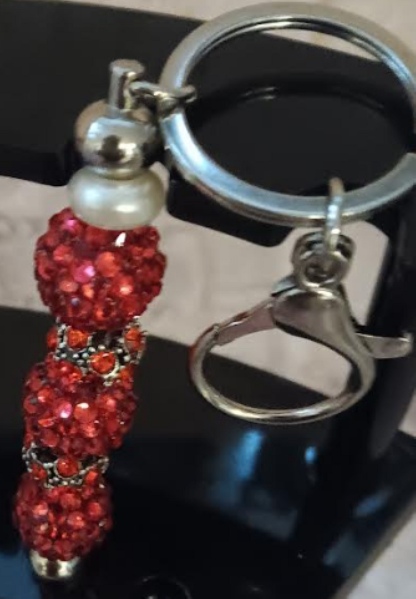 Elegant Red Crystal Keychain with Single Pearl
