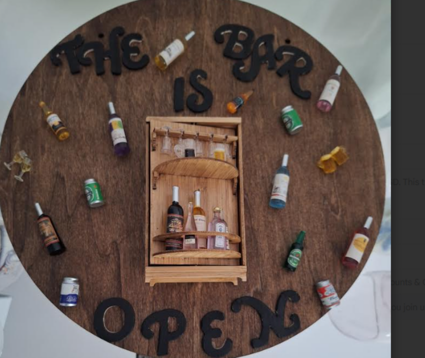 The Bar Is Open – 12" Handcrafted Wood Disc with Walnut Stain & Miniature Bar Details -Hang on wall or place on an easel