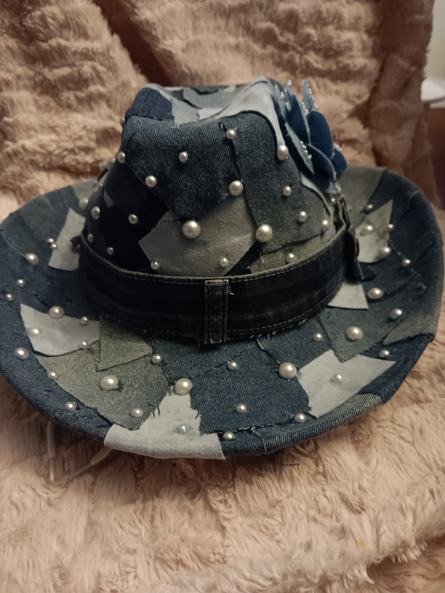 Blue Denim patch work Cowgirl hat with pearls