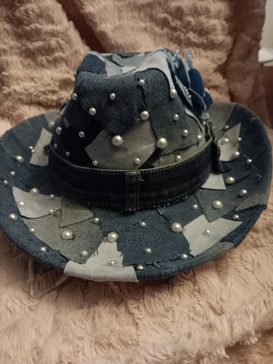 Blue Denim patch work Cowgirl hat with pearls