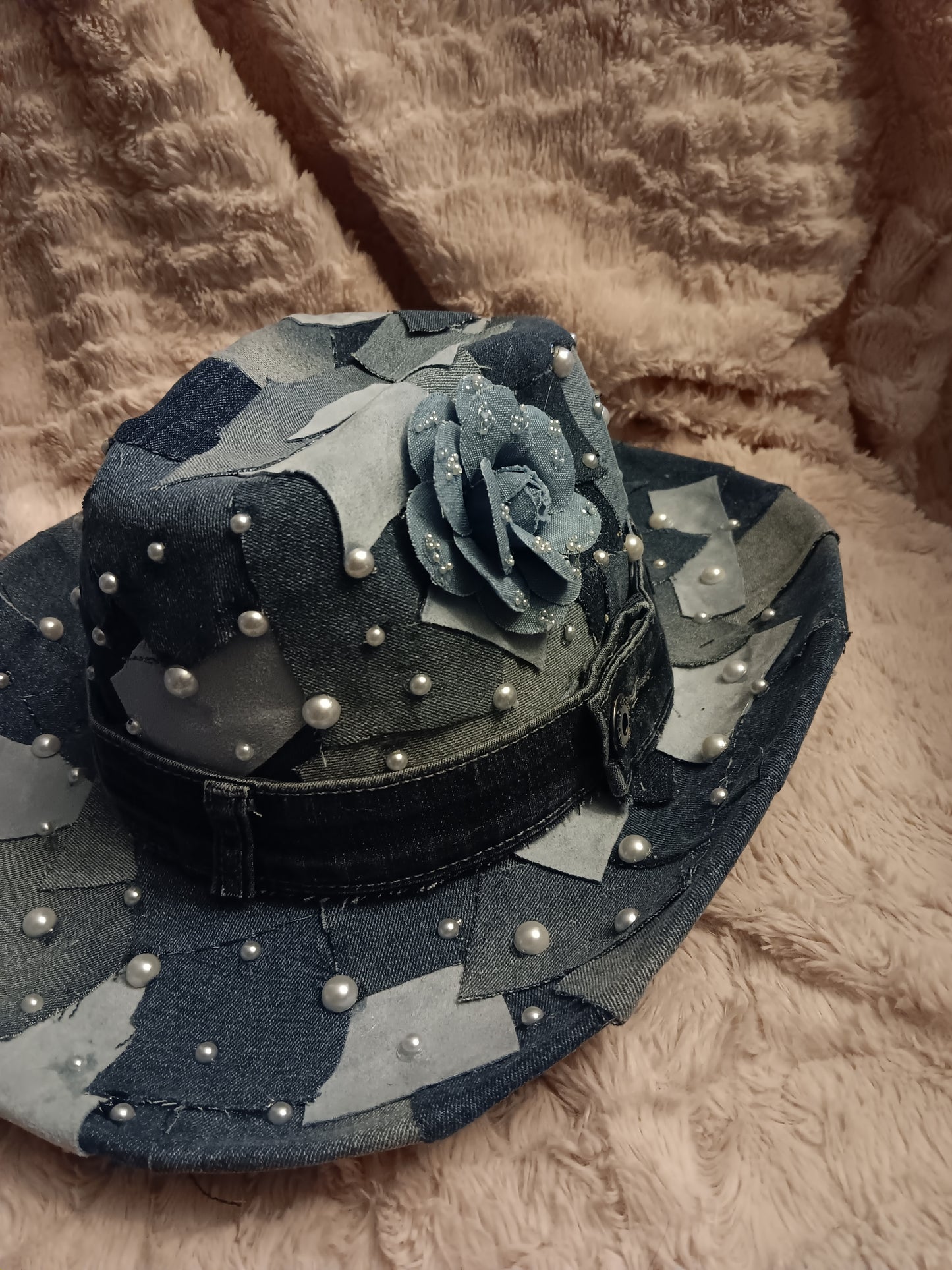 Blue Denim patch work Cowgirl hat with pearls