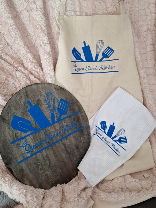 Customize with your name wall sign, apron, and towel