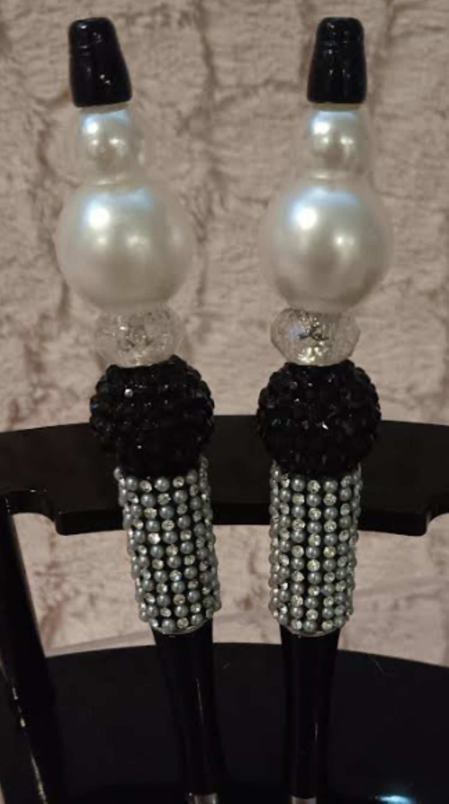 Timeless Elegance – Set of 2 Black Beaded Pens with White Crystals & Pearls