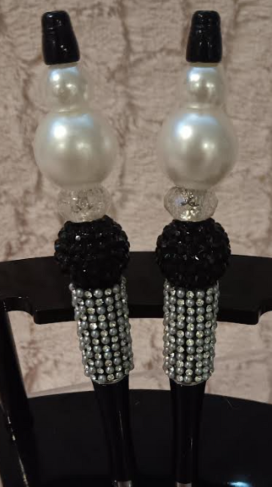 Timeless Elegance – Set of 2 Black Beaded Pens with White Crystals & Pearls