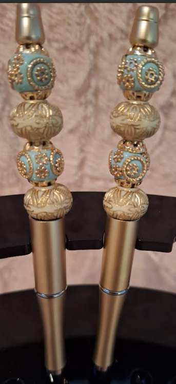 2 Gold pens with antique blue and light gold beads