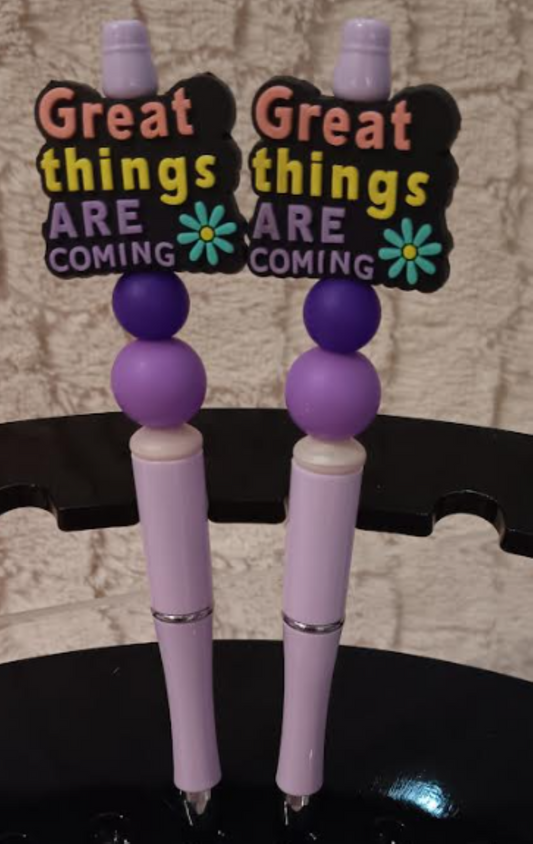 "Great Things Are Coming! ✨ Set of 2 Purple Beaded Pens"