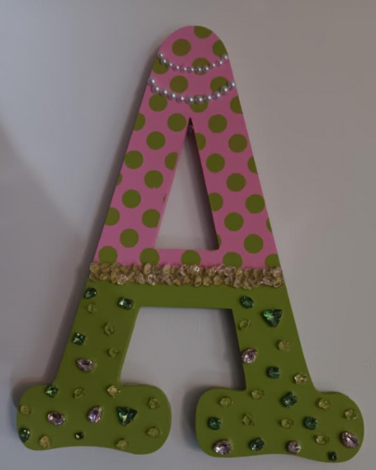 Personality Letter "A" – 18" Handcrafted Decor in Pink & Green with Crystals and Pearls (Easel Not Included)