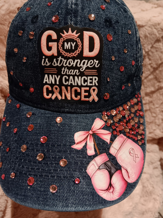 'My God is Stronger Than Any Cancer" blue denim junk hat