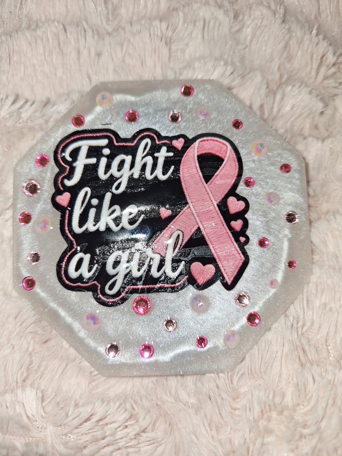 Fight Like a Girl Handmade Resin Magnet with pink rhinestones