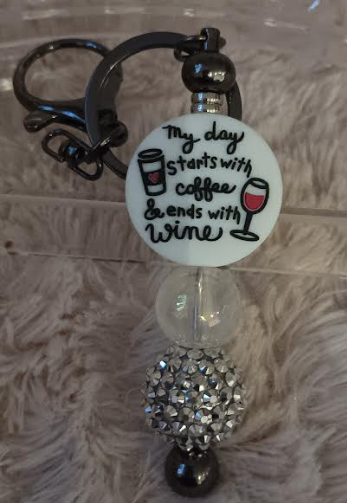 My Day Starts with Coffee and Ends with Wine Beaded Keychain