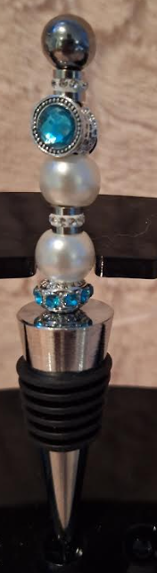 Silver and Black Bottle Stopper with pearls and light blue crystals