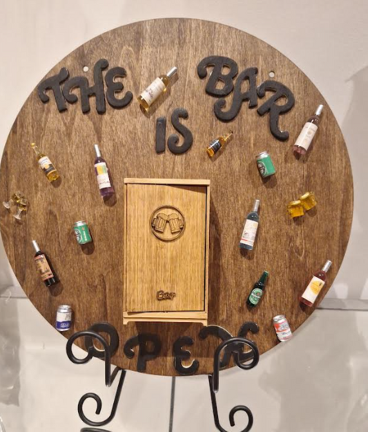 The Bar Is Open – 12" Handcrafted Wood Disc with Walnut Stain & Miniature Bar Details -Hang on wall or place on an easel