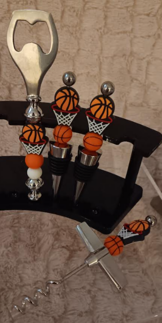 "Basketball Fan Bar Set – 2 Bottle Stoppers, Cork Remover, & Bottle Opener 🏀🍷"