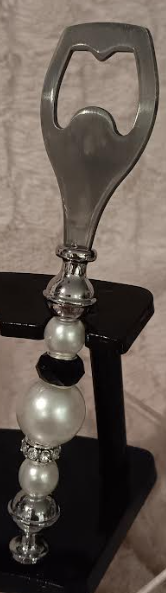"Timeless Elegance – Black Glass, White Crystal & Pearl Bottle Opener!"