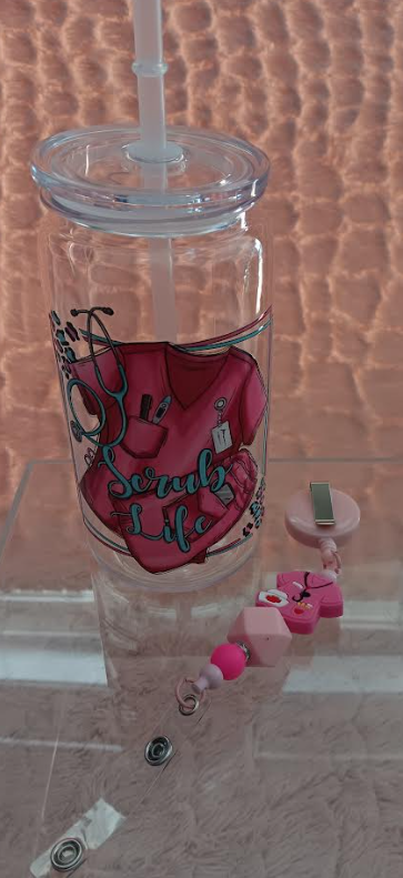 💖 Nurse Collection – Pink Nurse Life Acrylic Cup & Scrub ID Retractor Set