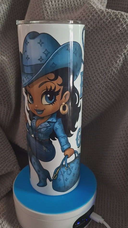 Luxury Betty dressed in blue with her boots on the ground tumbler with matching canvas bag