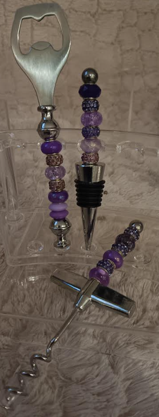 Purple Beaded Bottle Opener, Cork Remover & Bottle Stopper Set