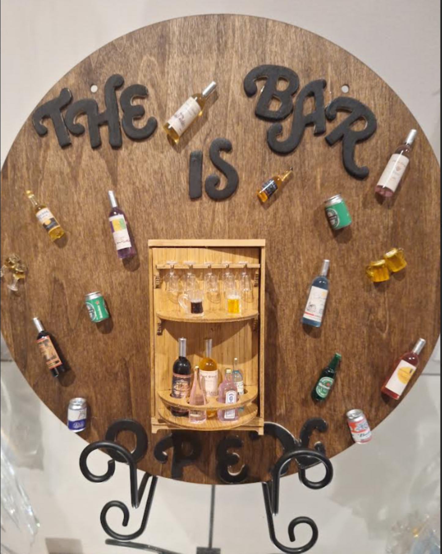 The Bar Is Open – 12" Handcrafted Wood Disc with Walnut Stain & Miniature Bar Details -Hang on wall or place on an easel