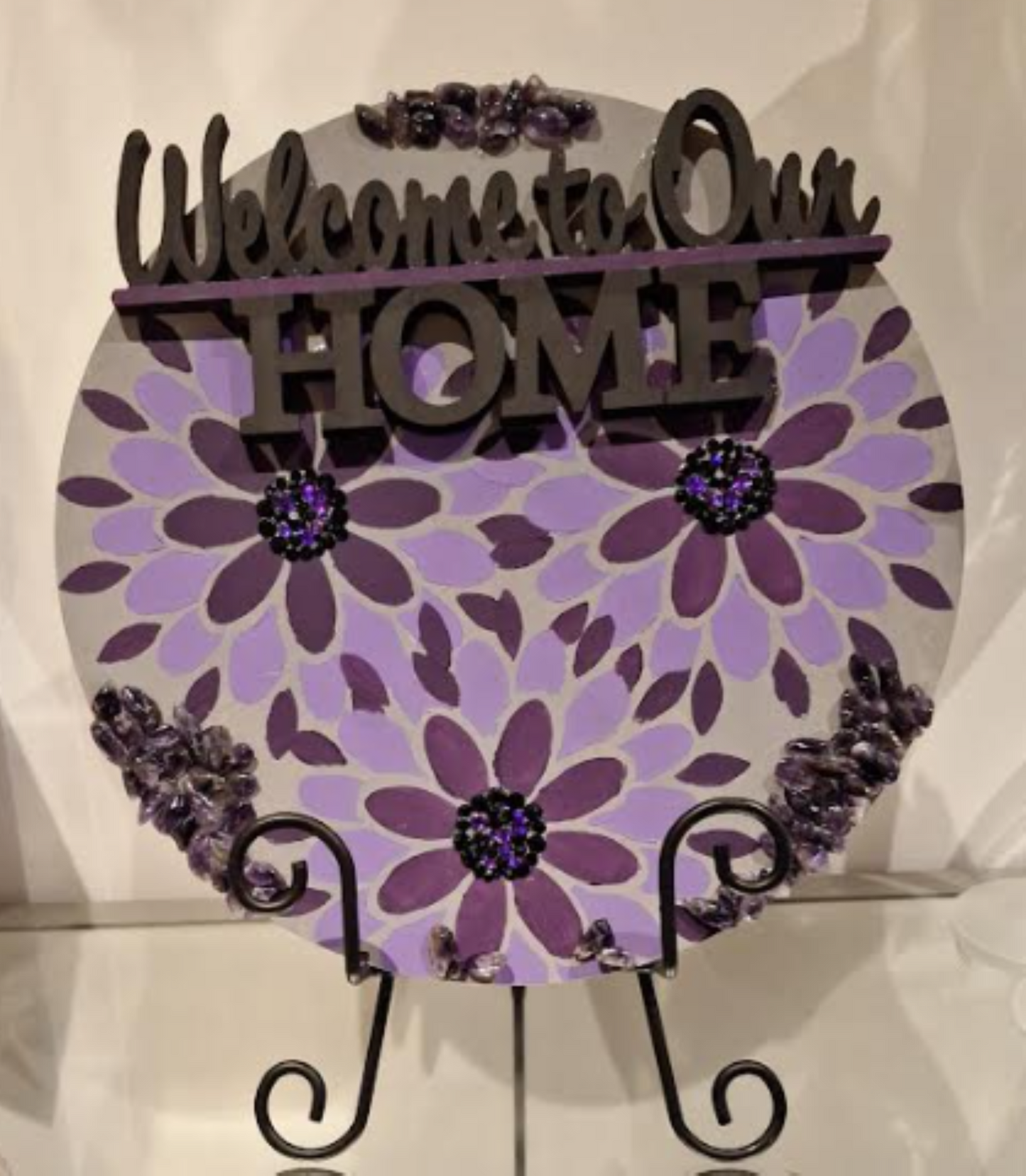 Welcome to Our Home – 10" Handcrafted Wood Disc in Shades of Purple with Amethyst Accents (Easel Not Included)